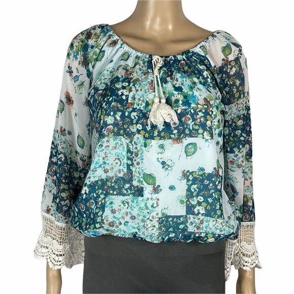 Beautees Blue and Green Floral Blouse laced Wrist - Picture 1 of 15